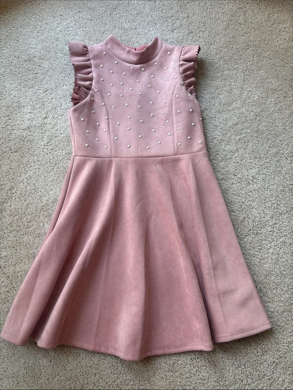 Girls' Pink Pearl-Accent Flutter Sleeve Dress